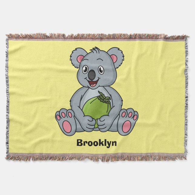 Cute koala and coconut cartoon illustration throw blanket (Front)