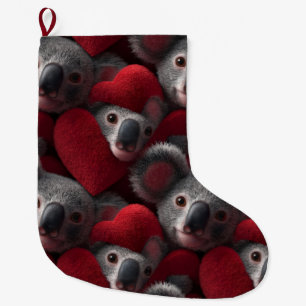Cute Koala and Red Heart Seamless Pattern Large Christmas Stocking