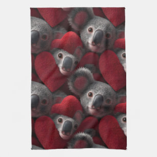 Cute Koala and Red Heart Seamless Pattern Tea Towel