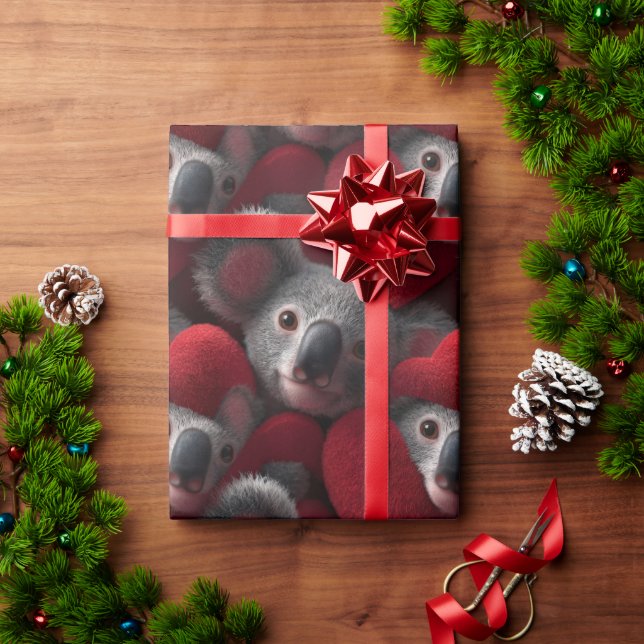 Cute Koala and Red Heart Seamless Pattern Wrapping Paper (Holiday Gift)