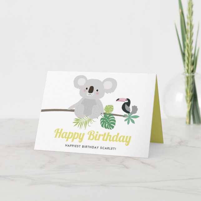 Cute Koala and Toucan Tropical Happy Birthday Card (Front)