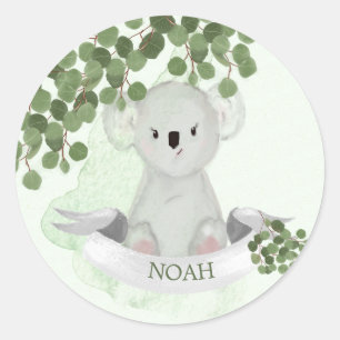 Cute Koala Baby Animal Green Leaves Border Classic Round Sticker