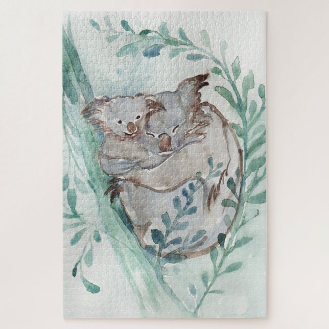  Cute Koala & Baby Watercolor Neutral Nursery Teal Jigsaw Puzzle (Vertical)