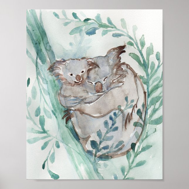  Cute Koala & Baby Watercolor Neutral Nursery Teal Poster (Front)