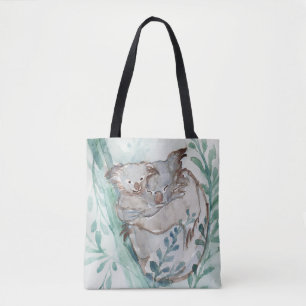  Cute Koala & Baby Watercolor Neutral Nursery Teal Tote Bag