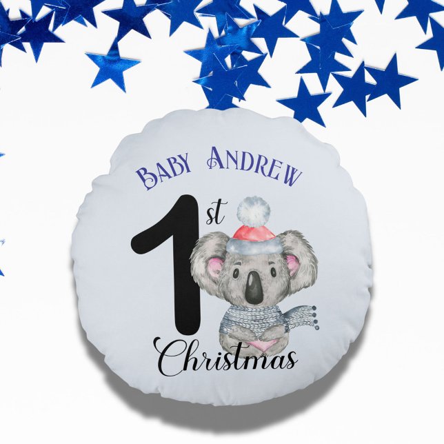 Cute Koala Baby's First Christmas Winter Keepsake Round Cushion (Creator Uploaded)