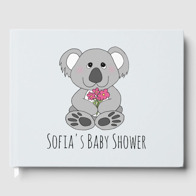 Cute Koala Bear Cartoon and Name Baby Shower Guest Book (Front)