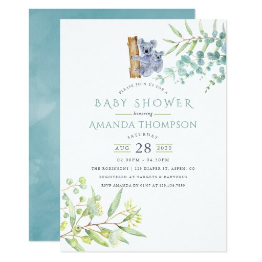 Image of Cute Koala Bear Eucalyptus Leaves Baby Shower Invitation