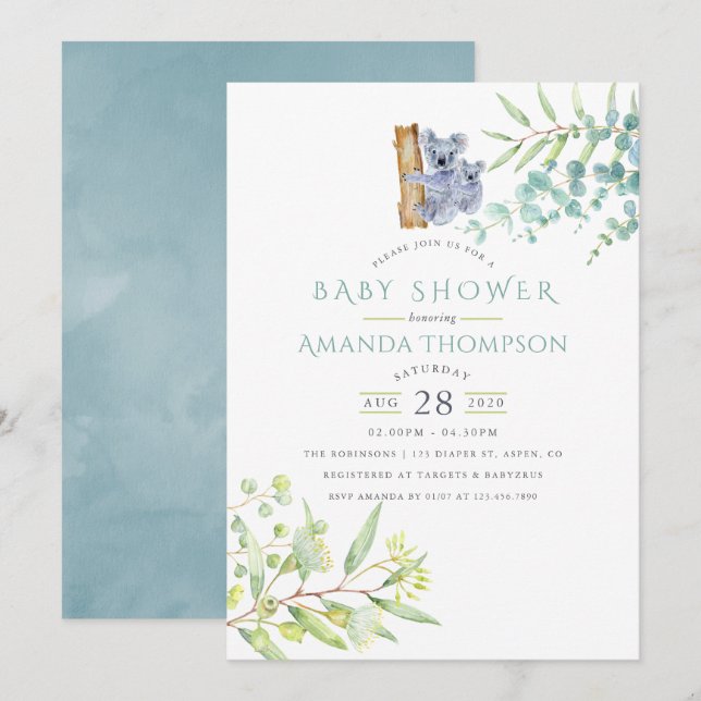 Cute Koala Bear Eucalyptus Leaves Baby Shower Invitation (Front/Back)