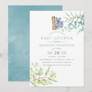 Cute Koala Bear Eucalyptus Leaves Baby Shower Invitation