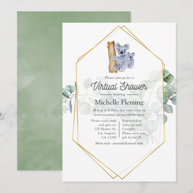 Cute Koala Bear Eucalyptus Virtual Baby Shower Invitation (Front/Back)
