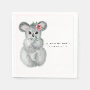 Cute Koala Bear Floral Modern Name Baby Shower Napkin