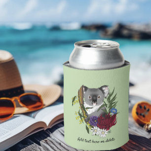 Cute Koala Bear Green Australian Wildlife Floral Can Cooler
