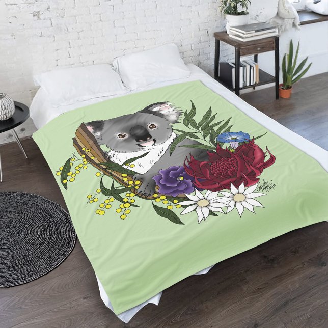 Cute Koala Bear Green Australian Wildlife Floral Fleece Blanket (Creator Uploaded)