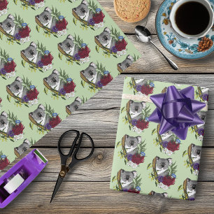 Cute Koala Bear Green Australian Wildlife Floral Wrapping Paper
