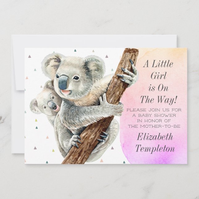 Cute Koala Bear It's a Girl Pink Baby Shower Invitation (Front)