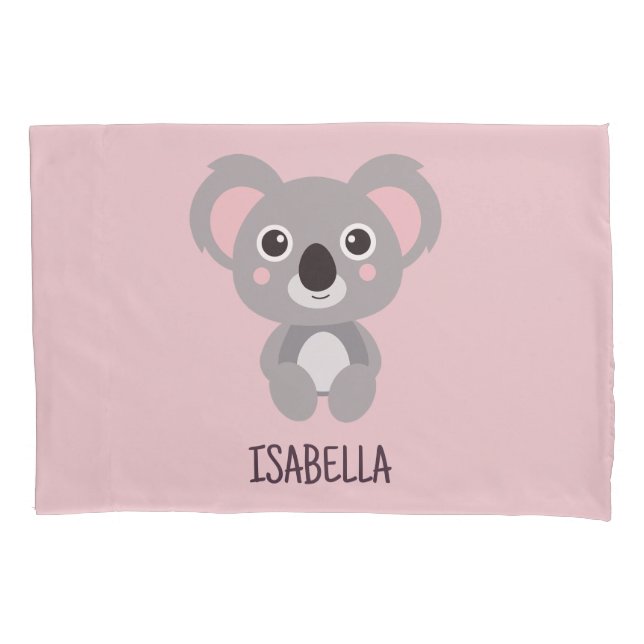 Cute Koala Bear Kids Pink Custom Name Pillowcase (Front)