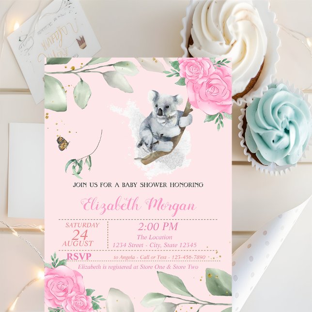 Cute Koala Bear , Leaves, Floral Baby Shower Invitation (Creator Uploaded)