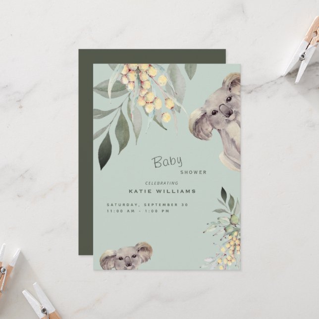 Cute Koala Bear Mint & Olive Baby Shower  Invitation (Front/Back In Situ)