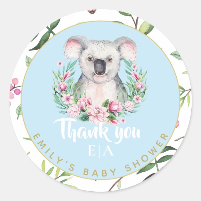 Cute Koala Bear Monogram Baby Shower Thank You Classic Round Sticker (Front)