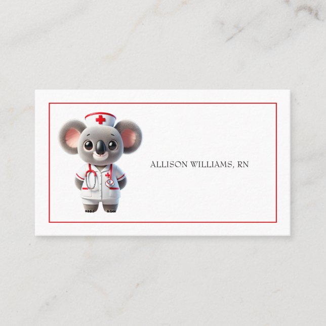 Cute Koala Bear Nurse with Red Stethoscope Business Card (Front)