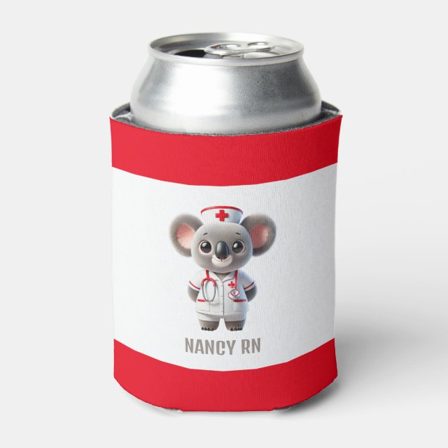 Cute Koala Bear Nurse with Red Stethoscope Can Cooler (Can Front)