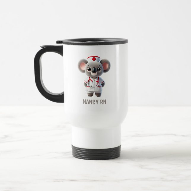 Cute Koala Bear Nurse with Red Stethoscope Travel Mug (Left)