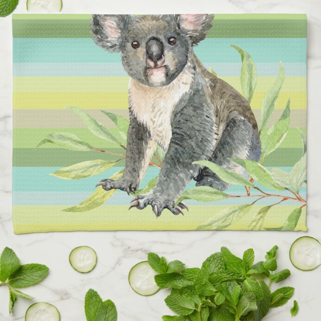 Cute Koala bear on green striped bg custom name  Tea Towel (Folded)