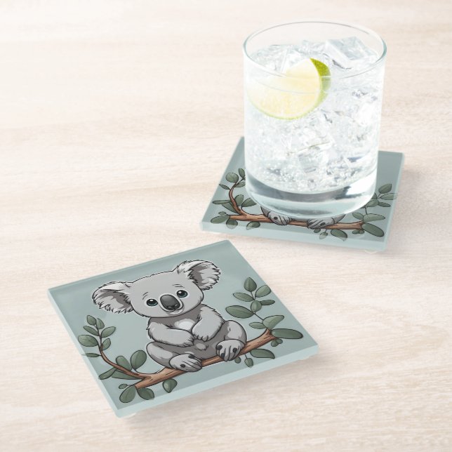 Cute koala bear on teal glass coaster (Angled)