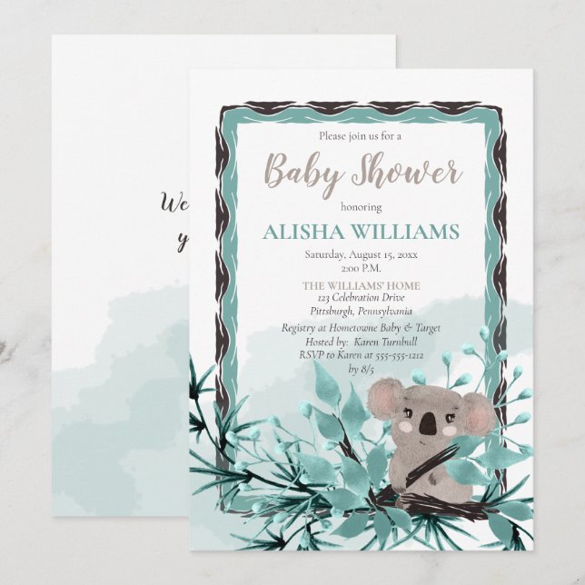 Cute Koala Bear on Watercolor Baby Shower I Invitation (Front/Back)