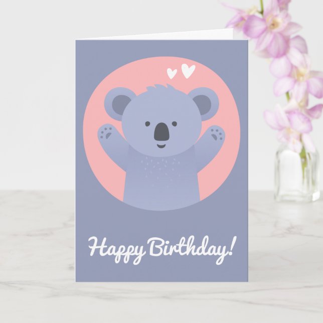 Cute Koala Bear - Personalised Kids Birthday Card (Orchid)