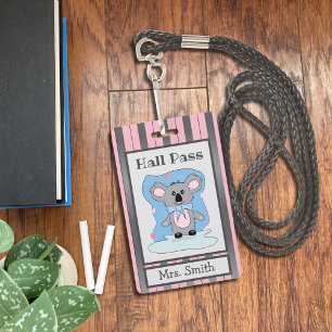 Cute Koala Bear Pink and Grey Hall Pass Badge ID Badge