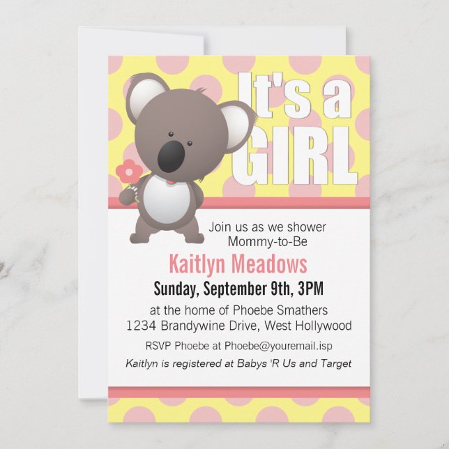 Cute Koala Bear Polka Dots Baby Shower Invitation (Front)