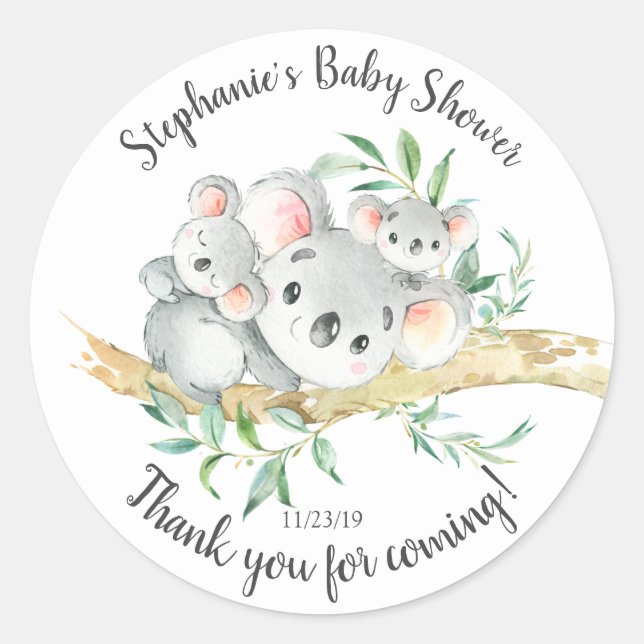 Cute Koala Bear Twins Baby Shower Favour Classic Round Sticker (Front)