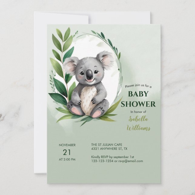 Cute Koala Bear Watercolor Green Baby Shower Invitation (Front)