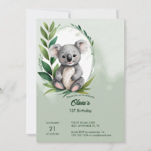 Cute Koala Bear Watercolor Green Birthday Invitation