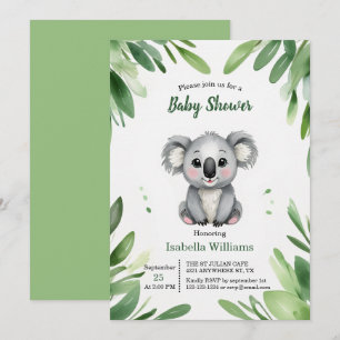 Cute Koala Bear with Green Leaves Baby Shower Invitation