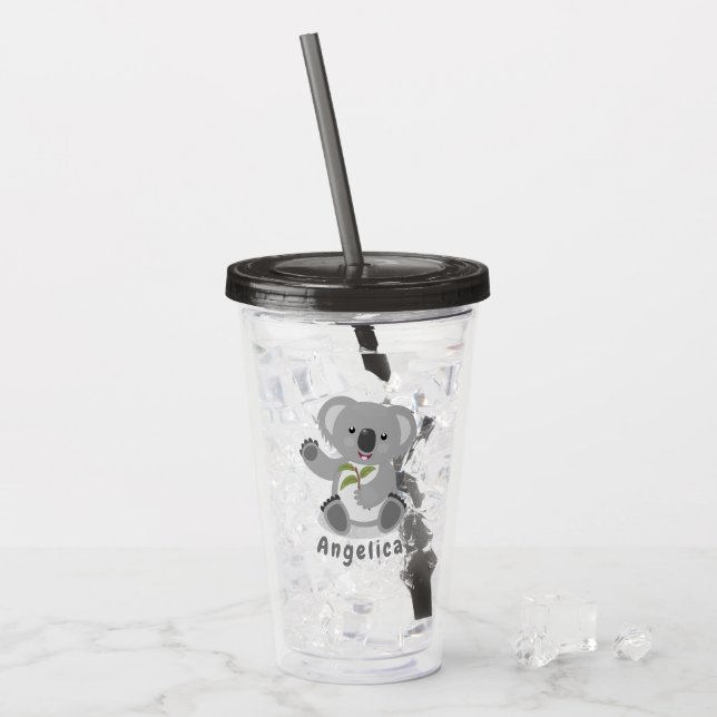 Cute koala bear with leaves cartoon illustration acrylic tumbler (Front Ice)