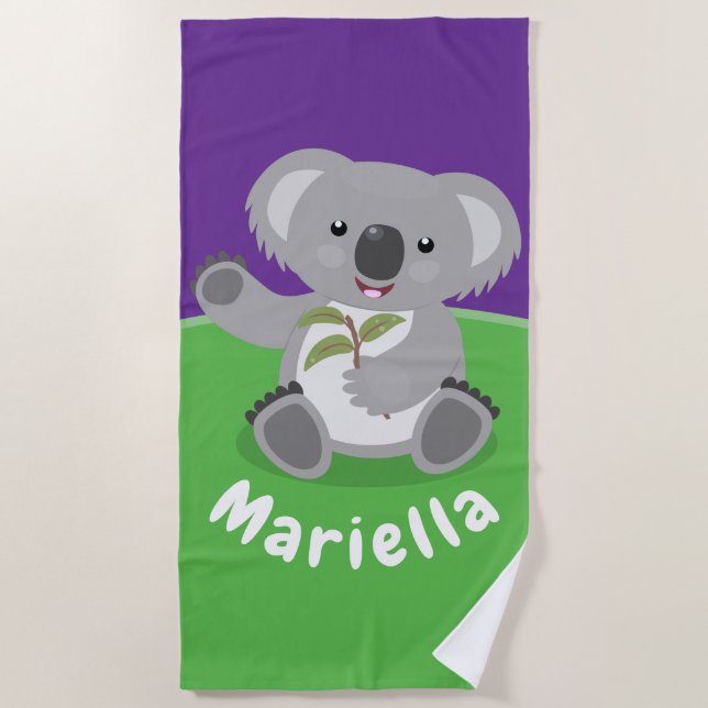 Cute koala bear with leaves cartoon illustration beach towel (Front)