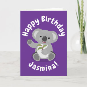 Cute koala bear with leaves cartoon illustration card