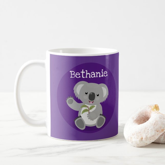 Cute koala bear with leaves cartoon illustration coffee mug (With Donut)