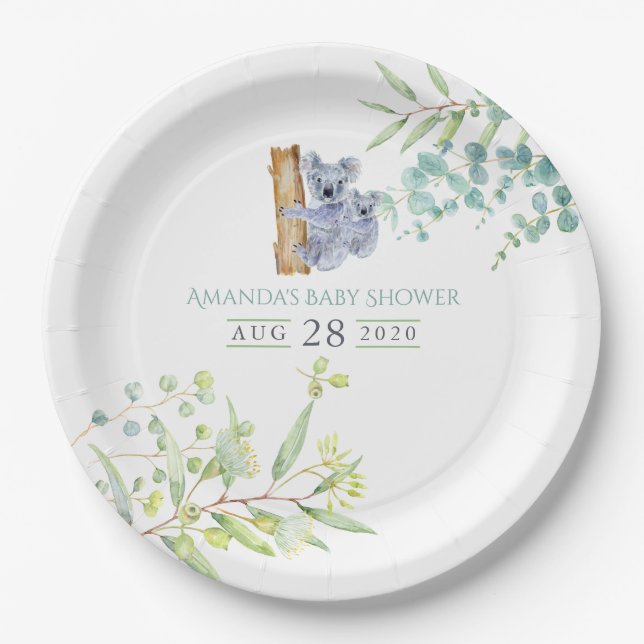 Cute Koala Bears Eucalyptus Leaves Baby Shower Paper Plate (Front)