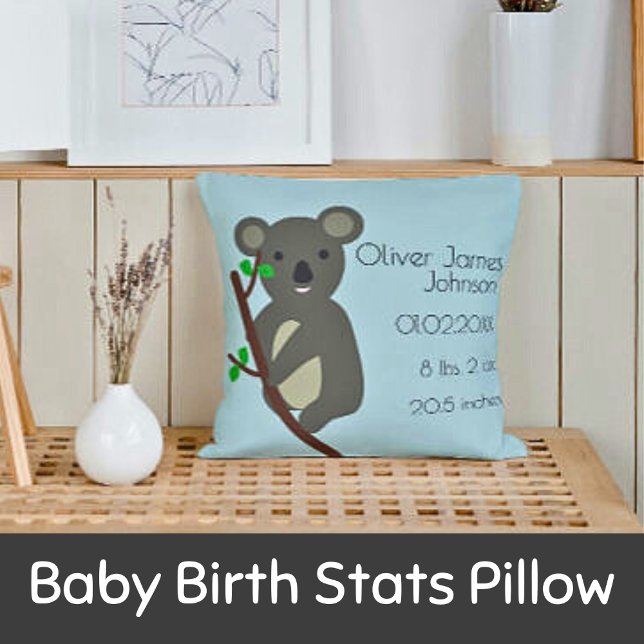 Cute Koala Blue Baby Boy Birth Stats Cushion (Cute Koala Baby Birth Stats Throw Pillow)
