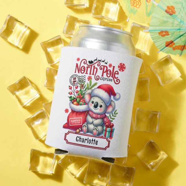 Cute Koala Chirstmas Personalised Name Can Cooler (In Situ Summer)