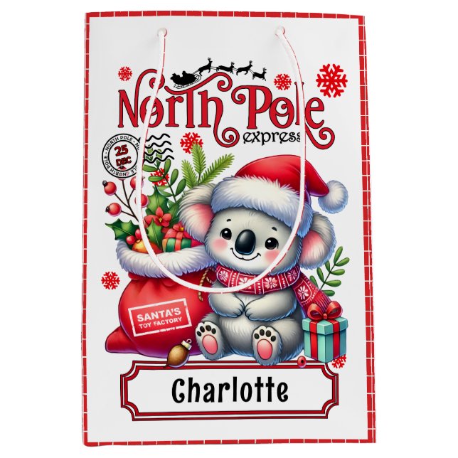 Cute Koala Chirstmas Personalised Name Medium Gift Bag (Front)