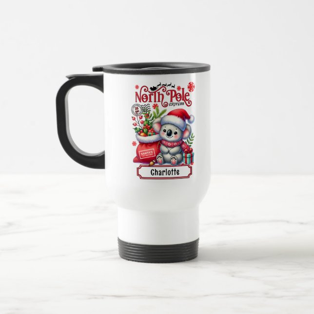 Cute Koala Chirstmas Personalised Name Travel Mug (Left)