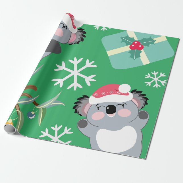 Cute Koala Christmas Wrapping Paper (Unrolled)