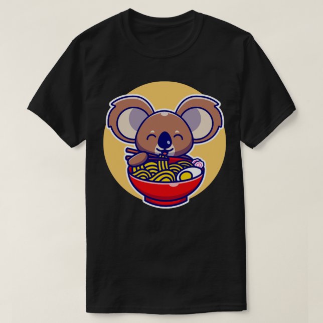 Cute Koala Eating Noodle With Chopstick Cartoon T-Shirt (Design Front)