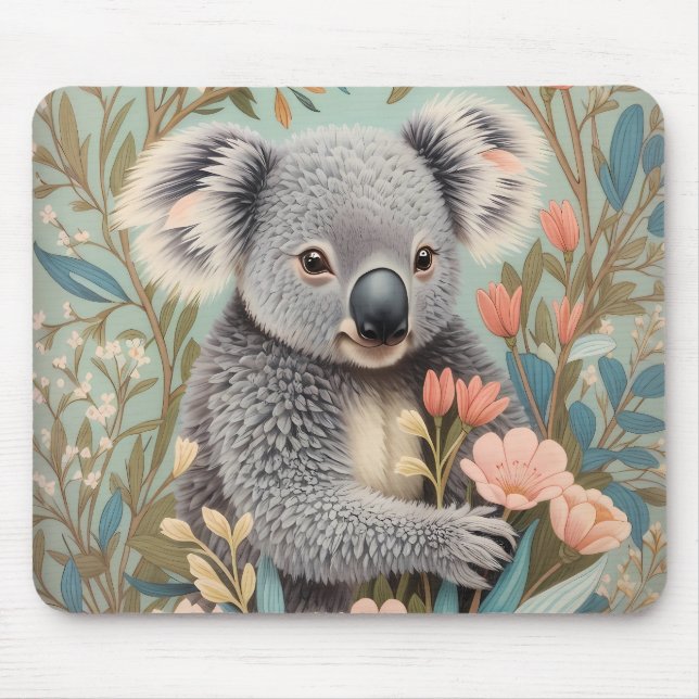 Cute Koala Elegant Pastel Floral Mouse Mat (Front)