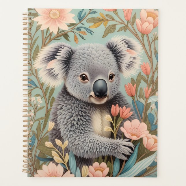 Cute Koala Elegant Pastel Floral Planner (Front)